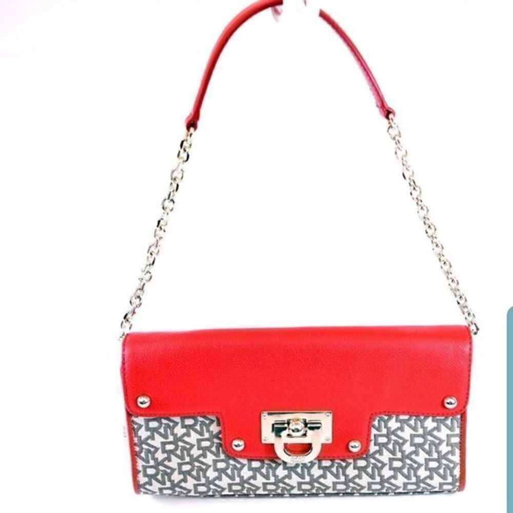 𝅺DKNY Red Monogram Clutch Shoulder Bag Purse